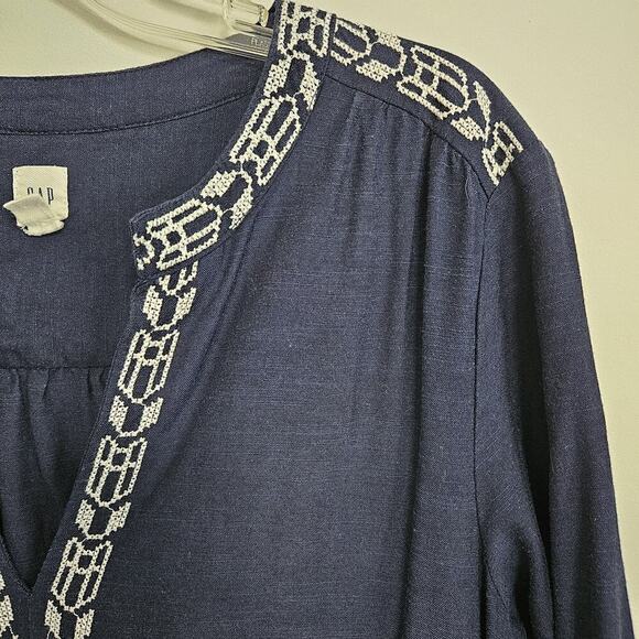 Gap Navy Blue Embroidered Mini Dress Sz M Drawstring Waist Pockets Lined - Picture 3 of 9